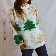 OMCHION Green Christmas Sweater 2023 Fashion Tree Embroidery Knitted Pullover Casual Loose Retro Sweater For Female Knitwear