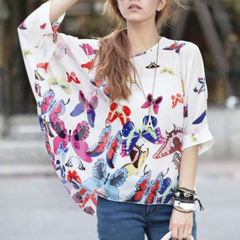 Women chiffon Blouse half Sleeve Beach shirt O-neck Loose summer floral print Casual Bohemian Boho Top