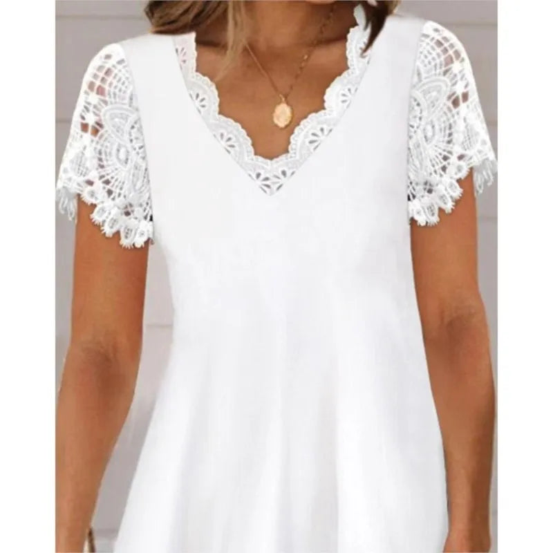 Summer New Solid Color Lace Short Sleeved V-neck Women's Dress