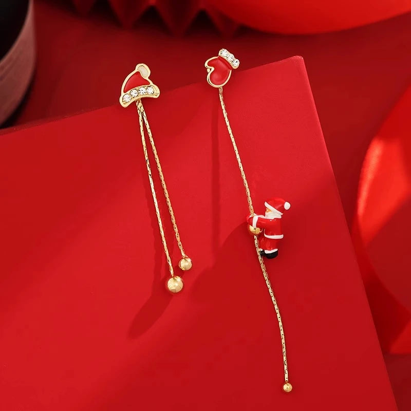 Asymmetric Snowflake Christmas Boot Hat Drop Earrings for Women Moving Santa Claus Long Tassel Earring