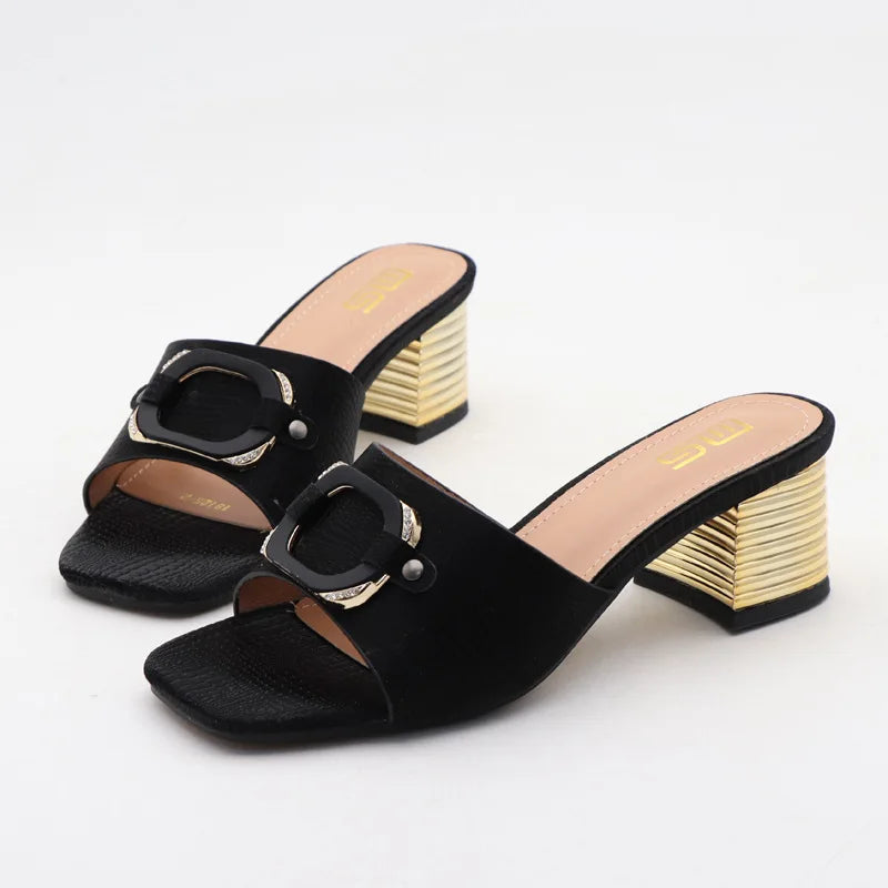 High-heeled women's slippers Summer of new thick-heeled square buckle plus size sandals wear high-value women's shoes