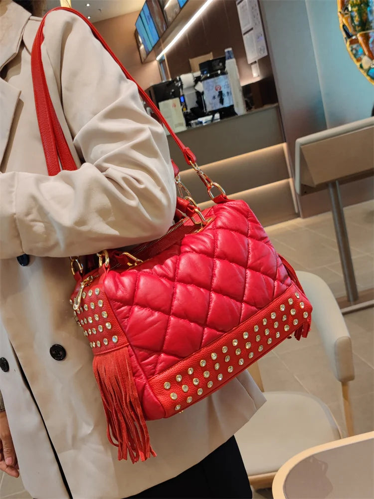 Soft Red Leather Women's Handbags Female Luxury Fashion Tassels Diamonds Rivet Bag