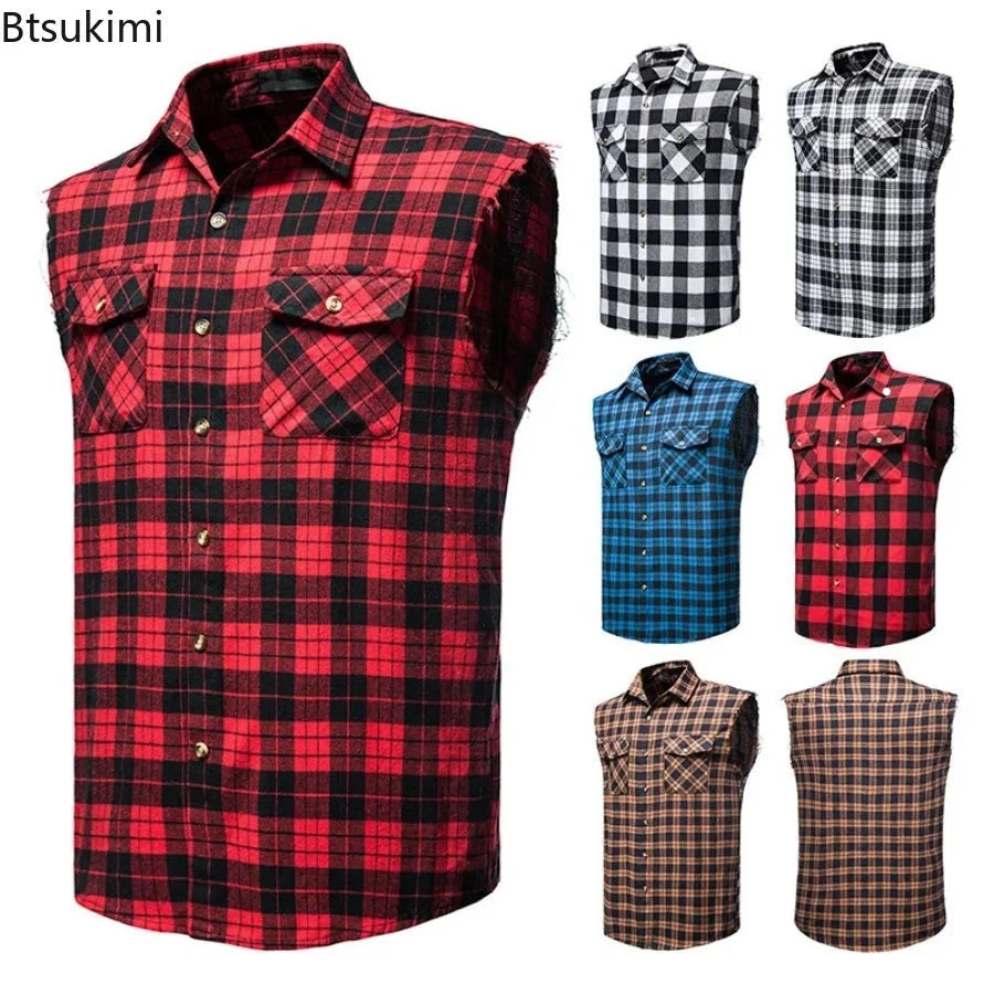 Men's Plaid Sleeveless Vests Turn-down Collar Shirts Vest Casual Single-breasted Plaid Tank Top