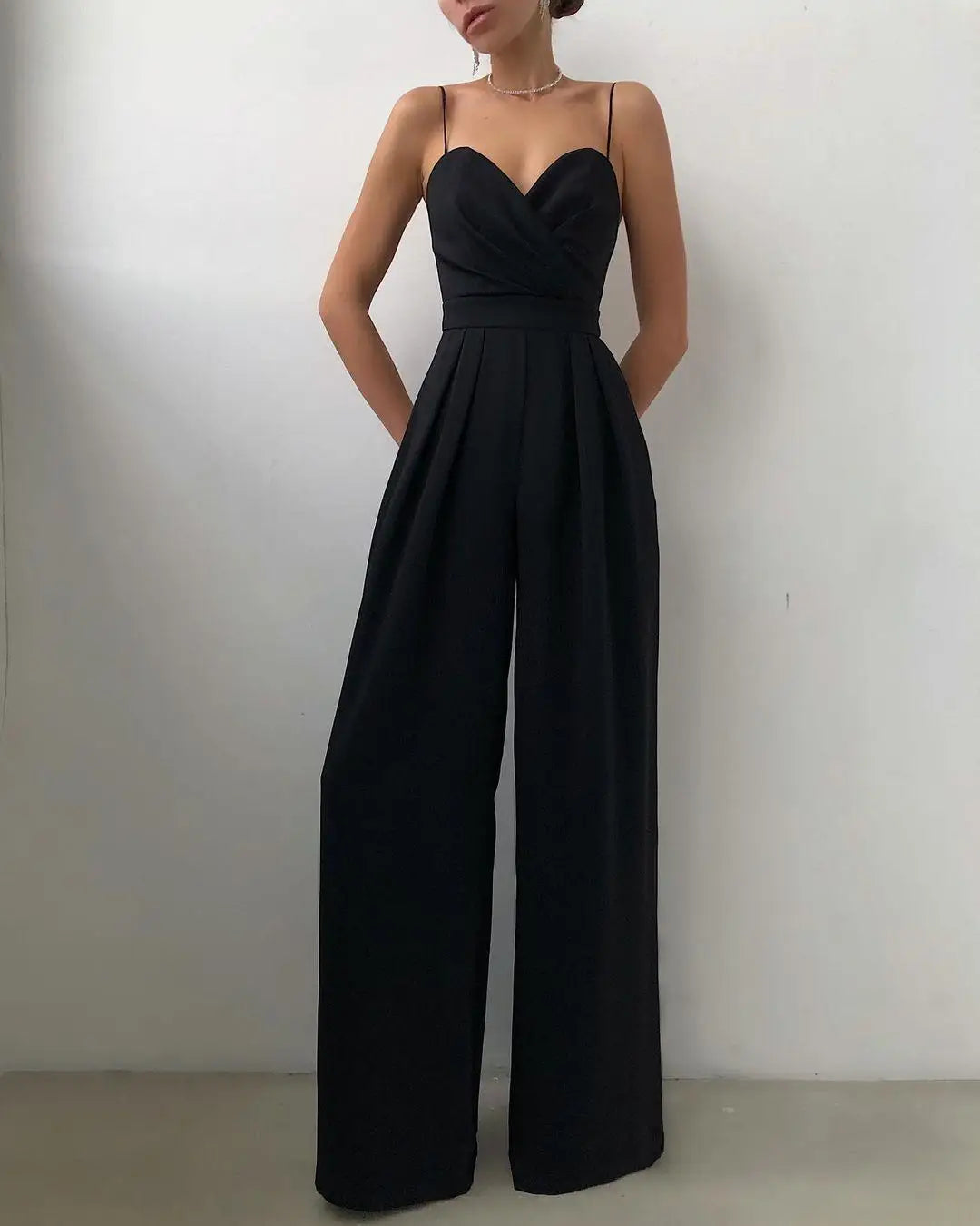 Women's Spaghetti Straps V Neck Jumpsuit Sleeveless High Waist Wide Leg Long Pants Solid Casual Loose Rompers