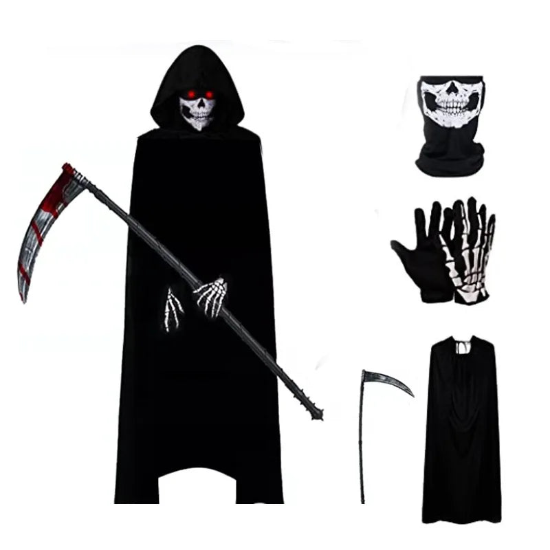 Adult Kids Halloween Demon Ghosts Costume Dress Up Party Man Women Black Scream Death Demon Grim Reaper Cospaly Clothes