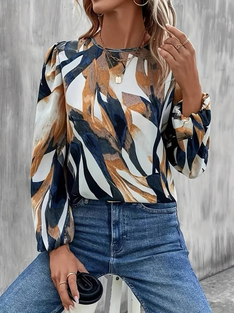 Allover Print Crew Neck Blouse Casual Long Lantern Sleeve Top For Spring & Fall Women's Clothing