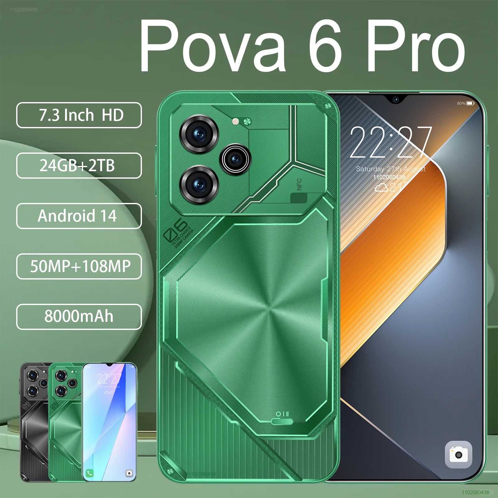 Povo 6 Pro Original Smart phone 5G 7.3inch HD 22G+2TB Cell Phone Dual SIM Mobile Phones 50+108MP 8000mAh Android 14 Unlocked NFC