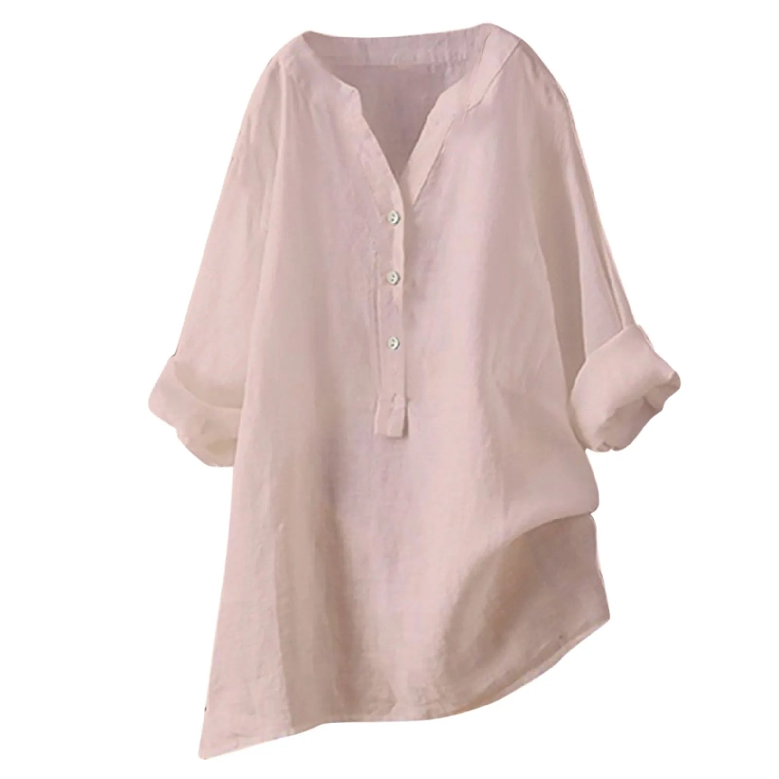 Cotton Linen Shirts Casual Loose Blouse Blended Oversize Long Sleeved V Neck Tops