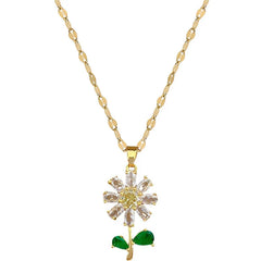 Green Leaf Flower Zircon Necklace and Earrings Set Light Luxury Micro-encrusted Earrings and Necklaces Set