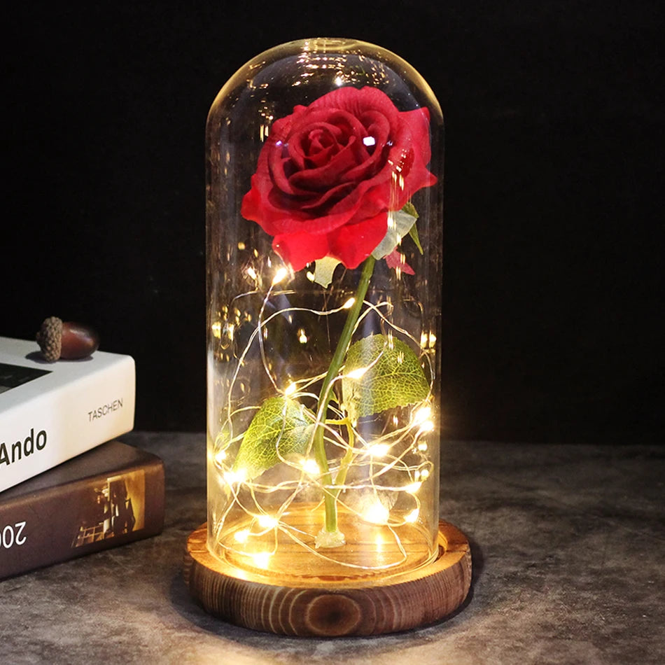 Beauty and Beast Rose Flower with Teddy Rose Bear In Glass Dome Home Wedding Decoration Christmas gift