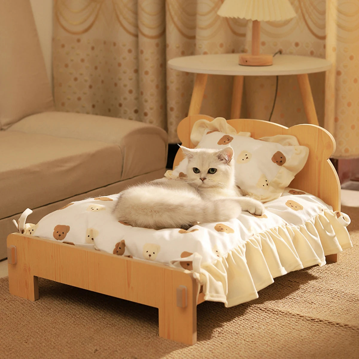 Cat Bed Wooden Cat And Dog Bed With Teddy Bear Pattern Indoor Pet Furniture Floor To Ceiling Bed