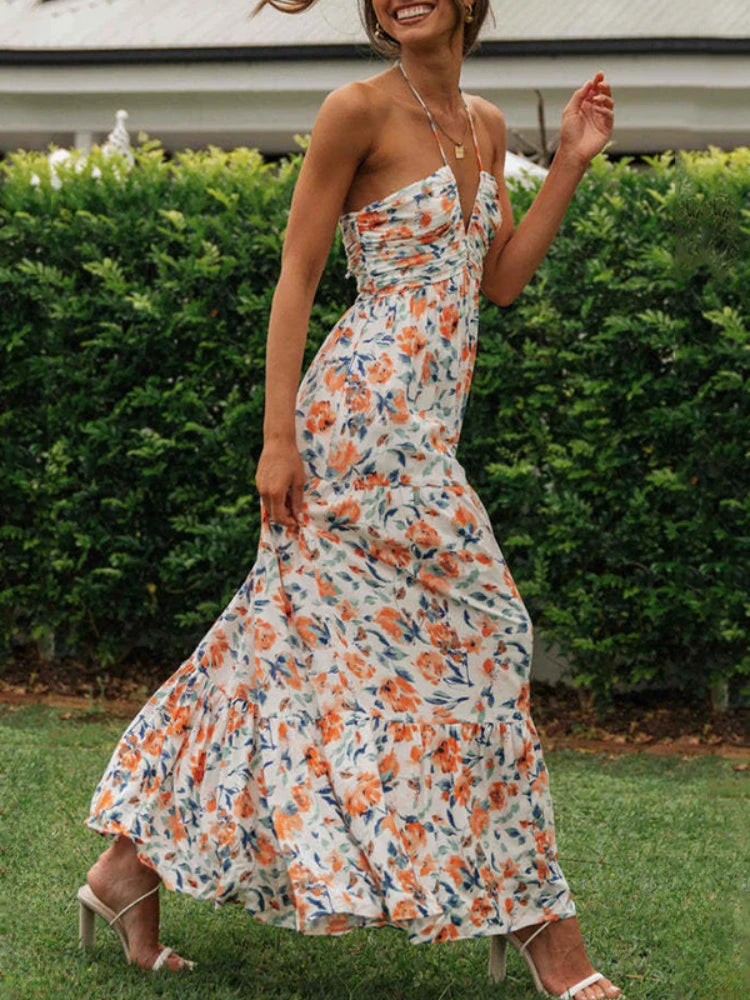 Women's Summer Chiffon Halter V Neck Sleeveless Floral Flowy A Line Maxi Dress