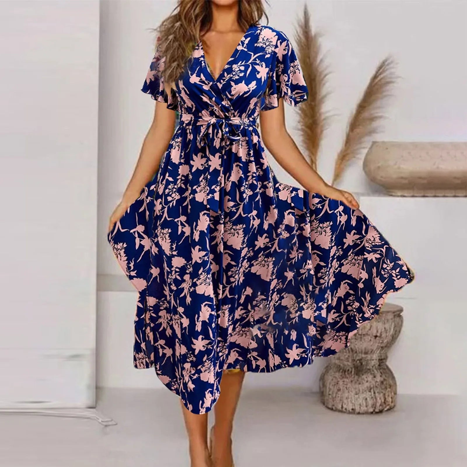 Boho Vintage Print Women Maxi Dress Summer Fashion V-Neck Short Sleeve Sundress Elegant Ladies Midi Dress