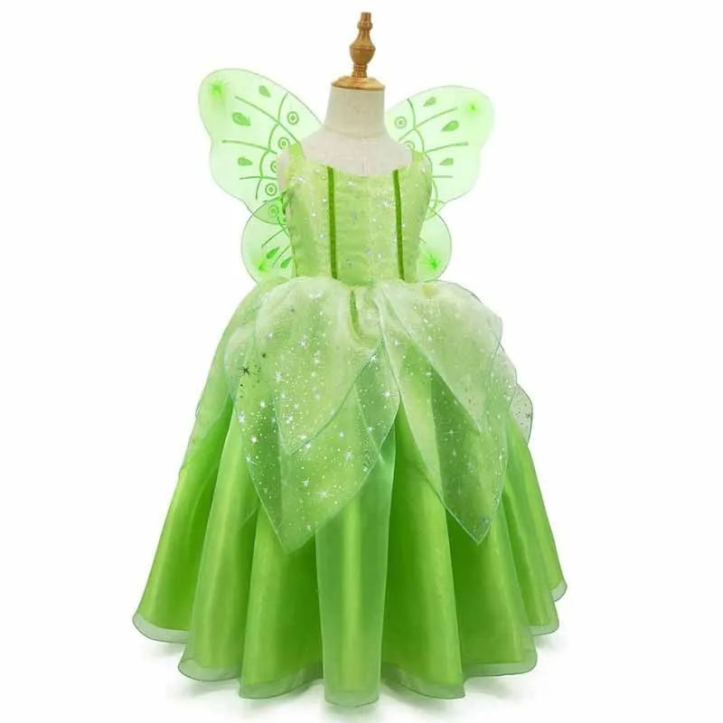 Disney Girls Tinker Bell Costume Kids Green Fairy Princess Tinkerbell Fancy Dress