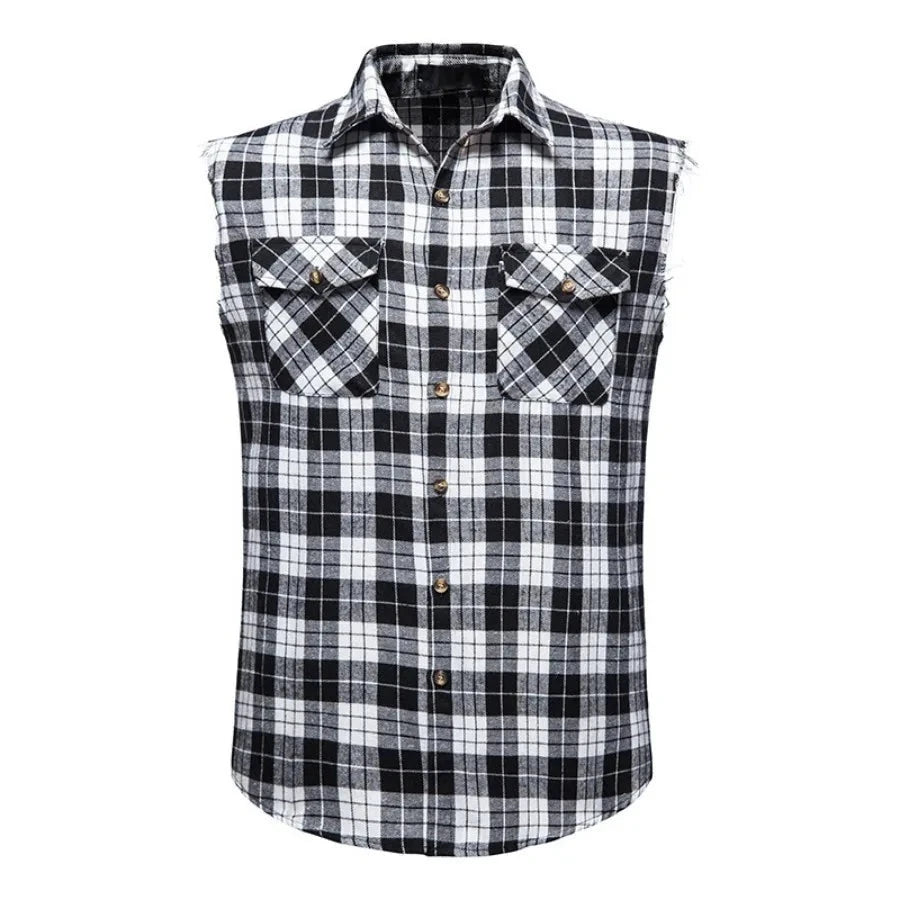 Men's Plaid Sleeveless Vests Turn-down Collar Shirts Vest Casual Single-breasted Plaid Tank Top