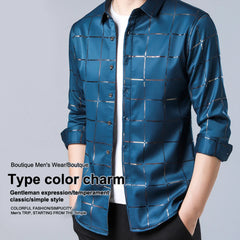 Men Shirt Plaid Print Turn down Collar Single breasted Formal Dress Shirt