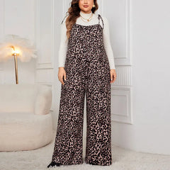 Plus Size Leopard Jumpsuits  Lace Up Strap Sleeveless Wide Leg Pants Fashion Loose Brown Overalls