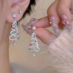 Shiny Full Rhinestone Christmas Tree Stud Tassel Earrings For Women