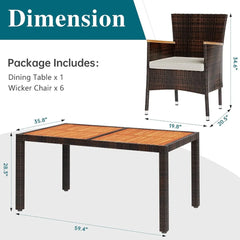 7 Piece Patio Dining Set, Wicker Patio Conversation Set with Wood Table Top, Outdoor Table and Chairs with Soft Cushions