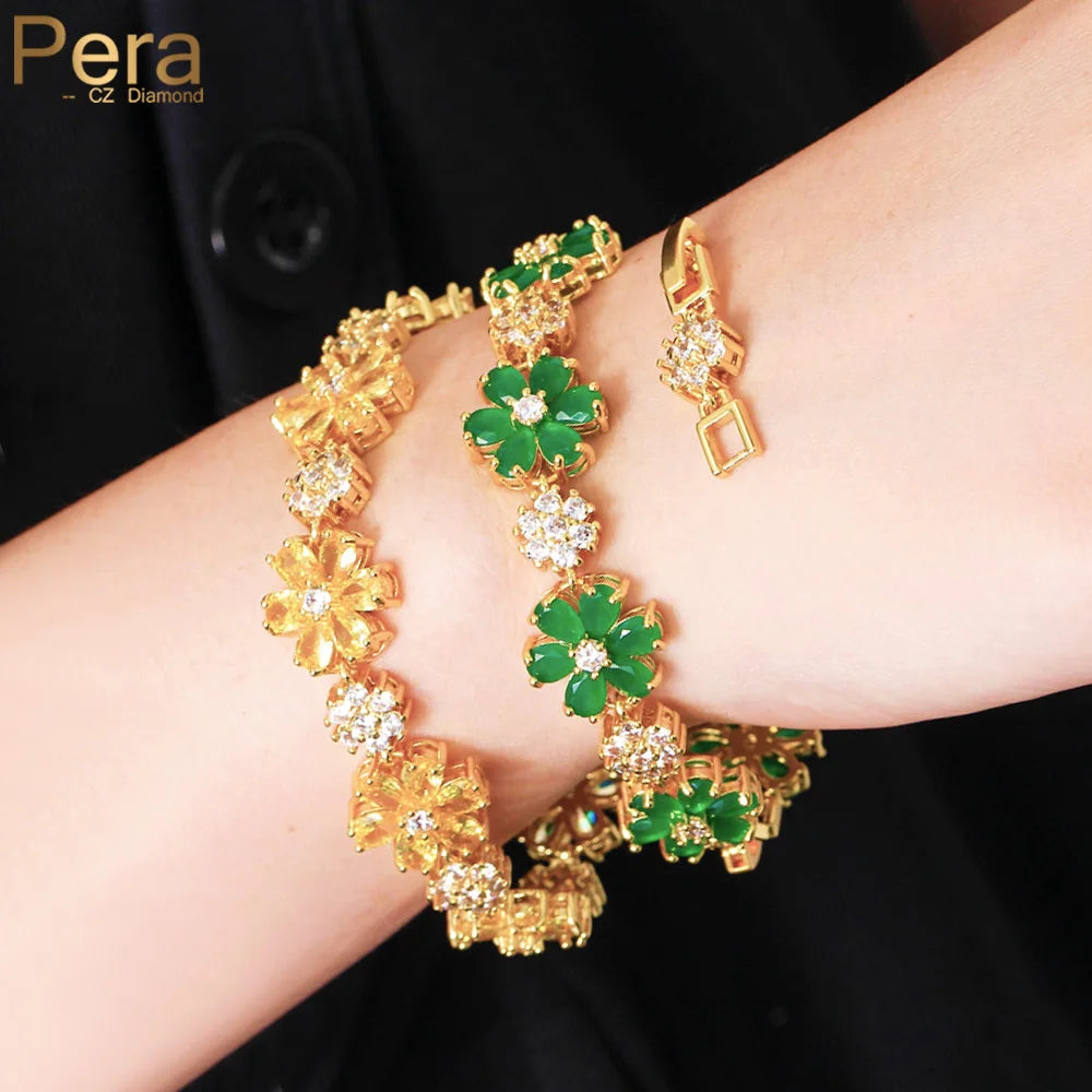 Beautiful Flower Leaf Charm Green Yellow Cubic Zirconia Gold Color Women Tennis Bracelets