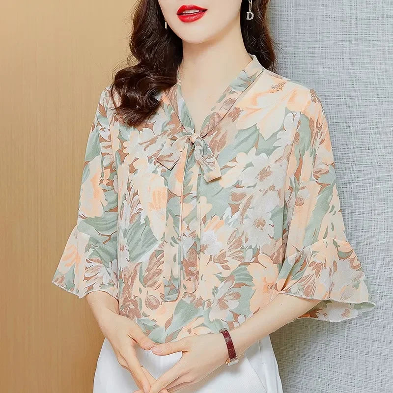 New Summer Women Floral Chiffon Blouse Shirts Loose Bow Lady Shirts Tops