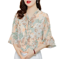 New Summer Women Floral Chiffon Blouse Shirts Loose Bow Lady Shirts Tops