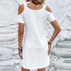 Summer Beach Holiday Dress Women Casual Jacquard Weave Design Off Sleeve Mini Dress Women Party Dress