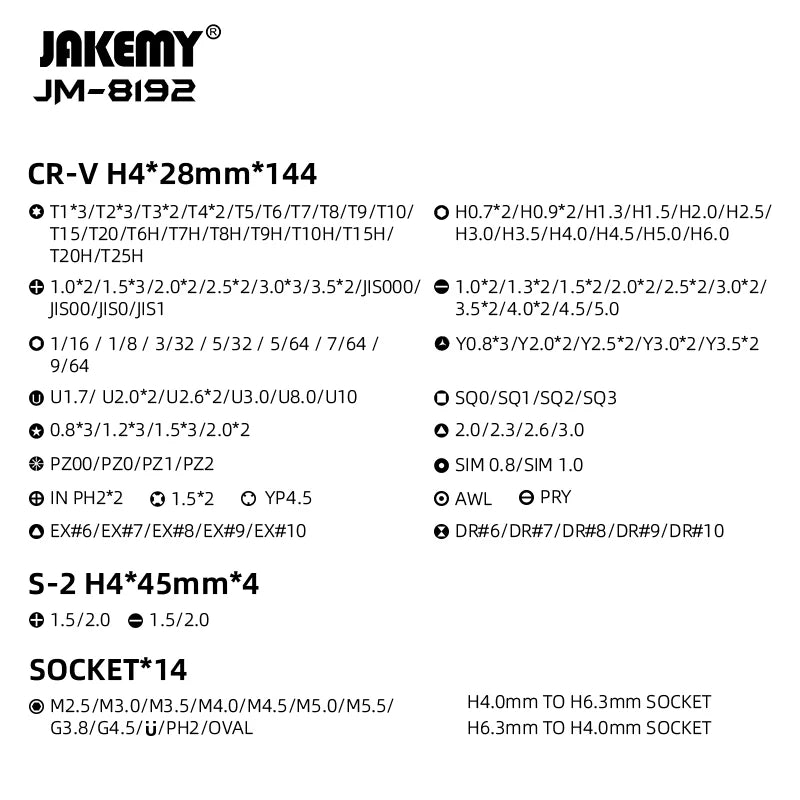 JAKEMY JM-8192 180-in-1 Precision Screwdriver Set Magnetic CR-V Torx Bits for Mobile Phone PC Tablet Electronic Repair Tools