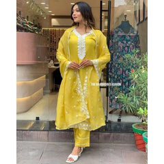 Heavy Embroidery Work Yellow Straight Indian Kurti Pant & Dupatta Gifted Dress