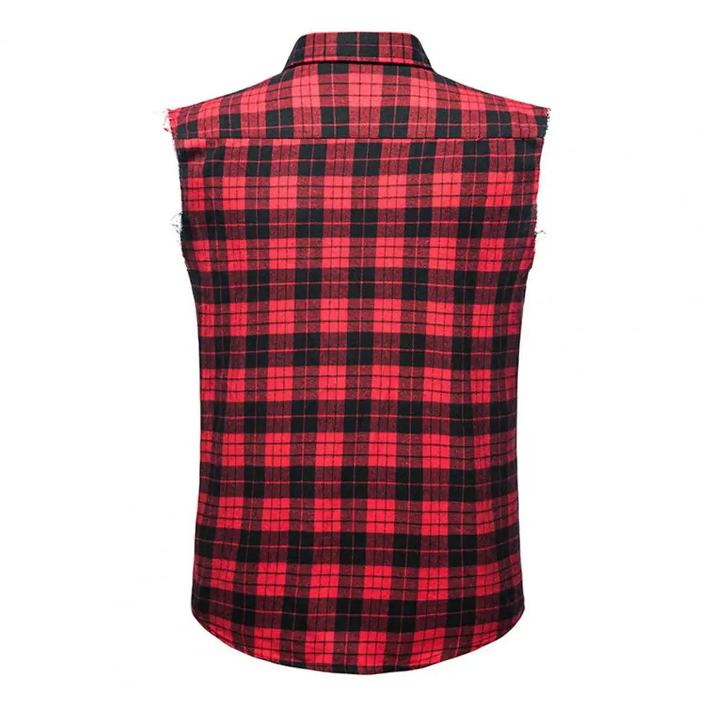 Lapel Sleeveless Flap Pockets Single-breasted Shirt Vest 3D Cutting Men Plaid Print Waistcoat Top Streetwear