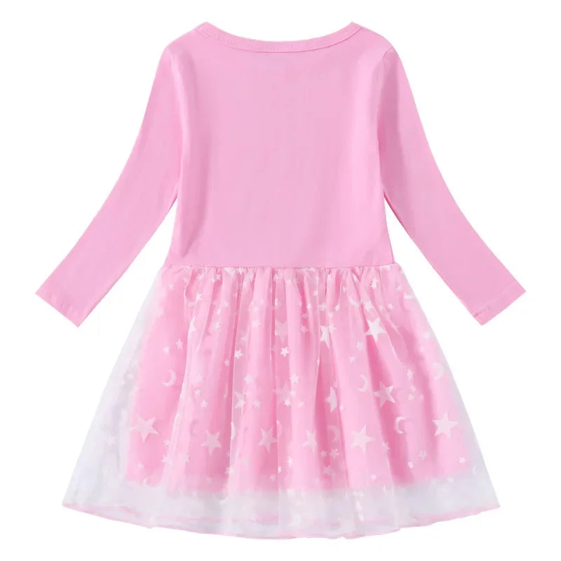 Anime Kawaii Cartoon Dress Cotton Printed Cartoon Stars and Moon Mesh Long Sleeve Princess Dress