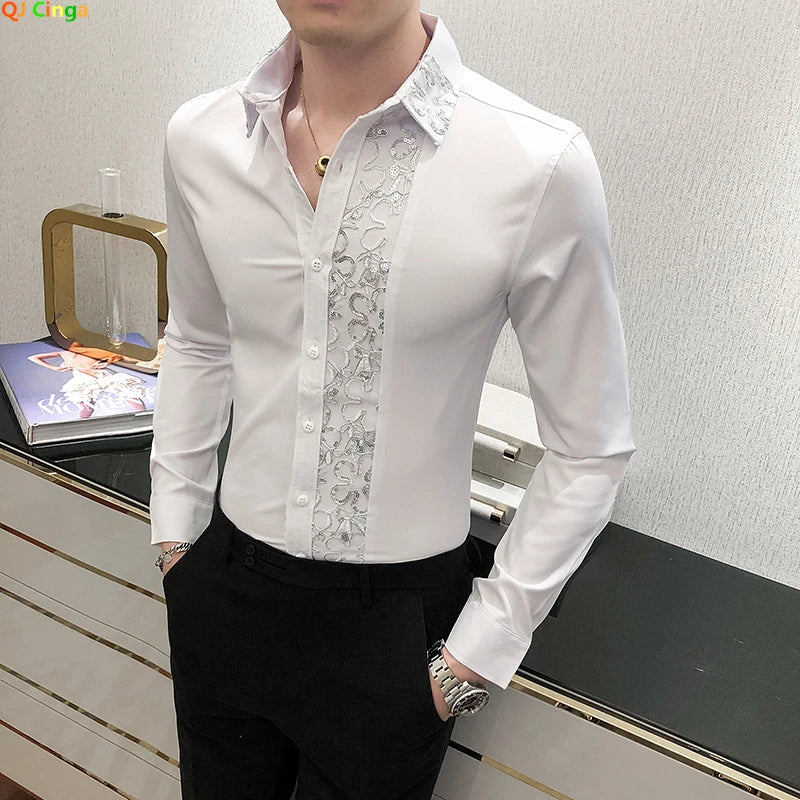 Autumn White Fleece Long Dress Shirt Men's