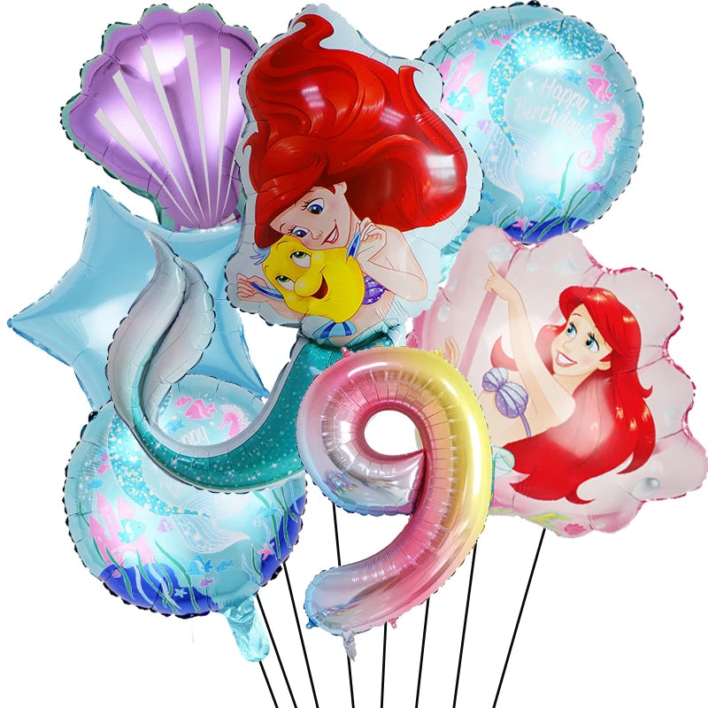 Little Mermaid Foil Balloons Set Digit 1-9 Years Old Baby Shower Mermaid Princess Themed Girls Borthday Party Decorations