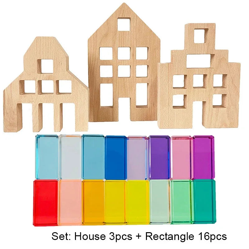 Dutch Wood Houses Lucite Cubes Blocks Rainbow Acrylic Building Blocks