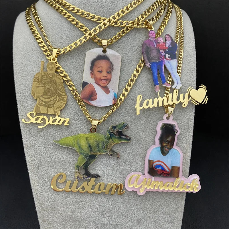 Custom Photo Necklace DIY Picture Nameplate Stainless Steel 5MM Cuban Chain Necklace for Kids Memory Hip Hop Jewelry Family Gift