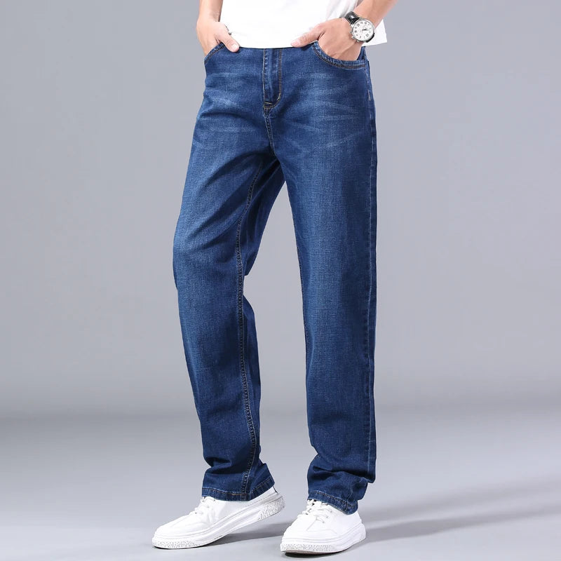 SHAN BAO cotton stretch men's straight loose loose summer thin jeans  spring classic brand casual lightweight jeans blue