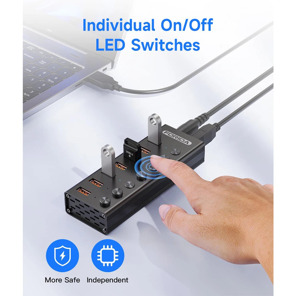 FORIDA USB 3.2 Hub 10Gbps 4/7 Port USB Splitter with Individual LED Switches and 12V Power Adapter