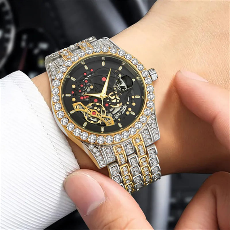 Men Big Brand Skeleton Watches Fashion Alloy Band Luxury Diamond Golden Date Quartz