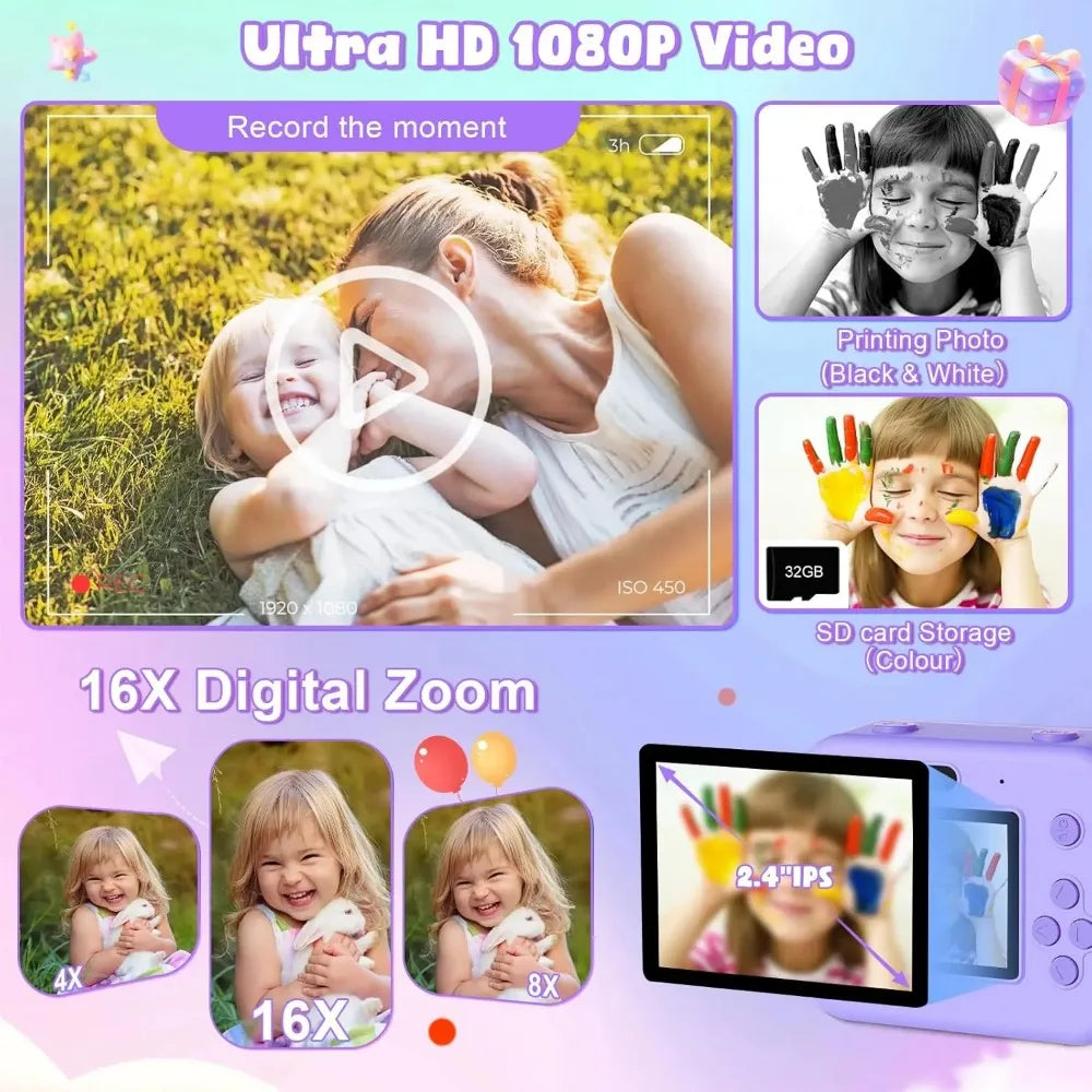 Educational Thermal Instant Print Camera With 32G Card, 1080P Children Mini Digital Video Camera