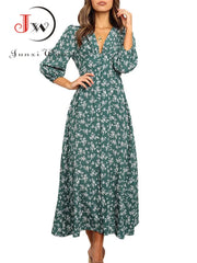 Women Chiffon Long Dress Floral Print Lantern Sleeve A-line Maxi Vestidos Autumn Dresses