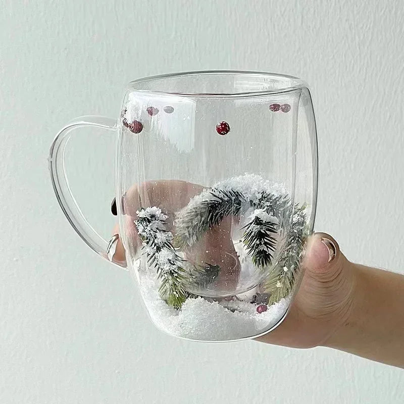 Double Wall Glass Cup Christmas Pine Leaf Snow Scene Coffee Cup Anti Scalding Heat Insulation Water Cup Xmas Gift Mug