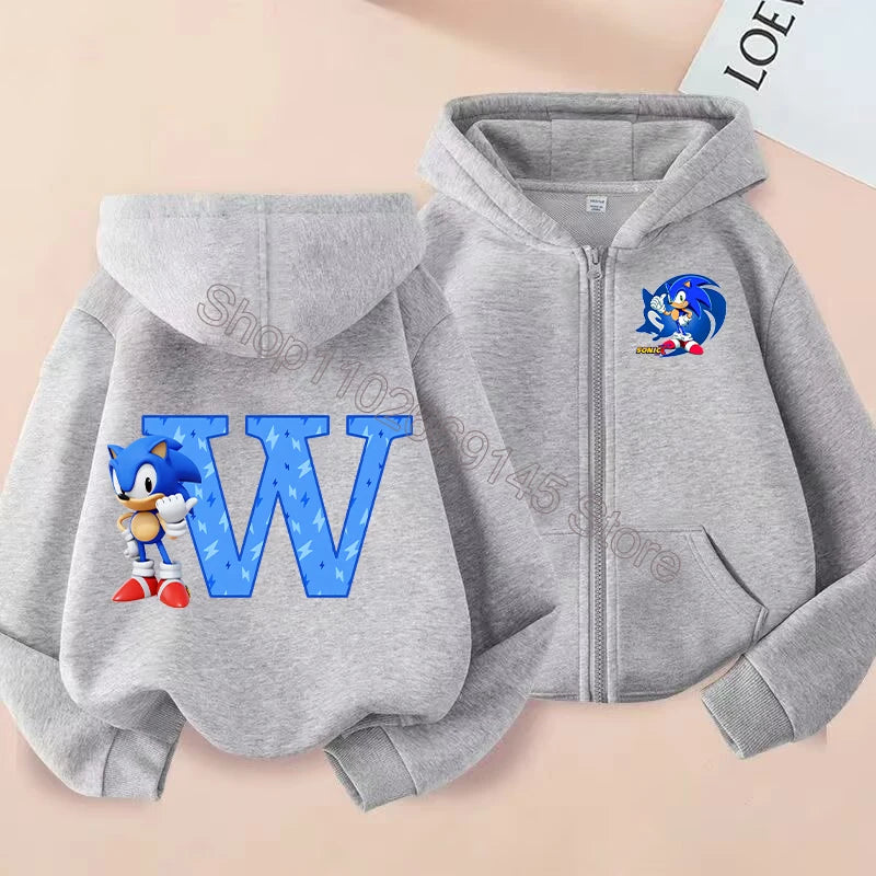 New Sonics Boys Zip-up Hoodies Kids Anime Hoodie Cartoon Letter Printed Tops Winter Warm Jacket Coat Autumn Children Clothing