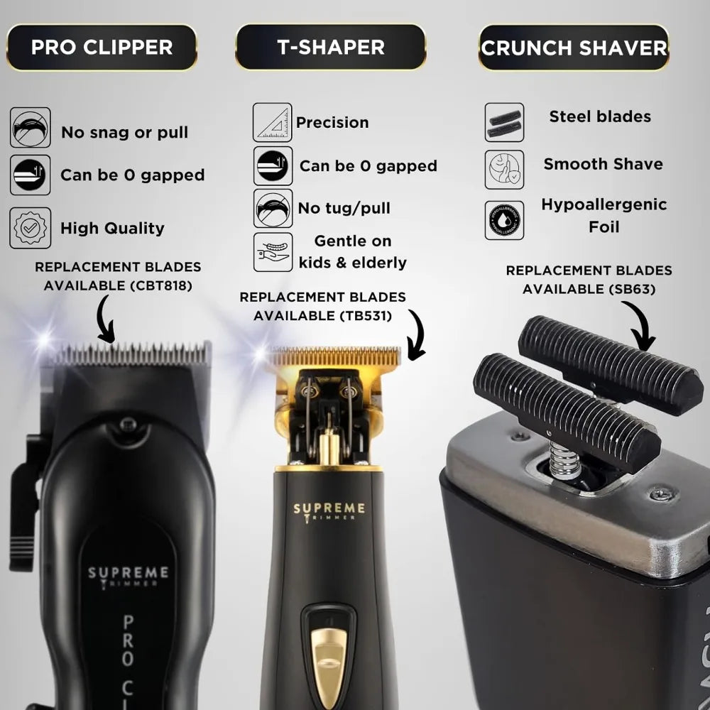 3-in-1 Barber Bundle, Pro Clipper, T-Shaper Trimmer & Crunch Foil Shaver, Professional Beard Trimmer Men’s Hair Clipper Kit