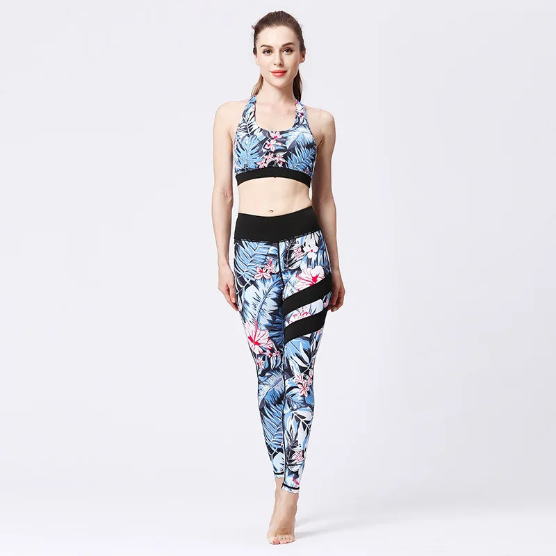 Cloud Hide Flower Printing Yoga Set Gym Outfits Sportswear Women Fitness Tracksuit Bra Top High Waist Leggings Pants Sports Suit