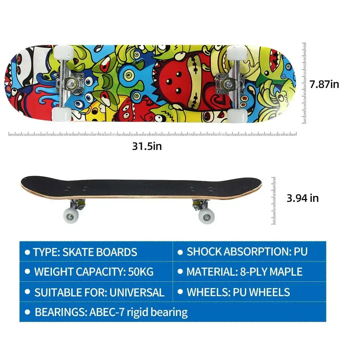 31" 4 Wheels Wood Skateboard Kids Trick Double Rocker Kick Concave Complete Skate Board Mini Cruiser Longboard Scooter