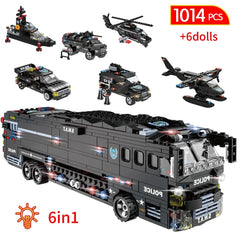 City SWAT Military Car Police Bus Station Model Building Blocks Figures LED Light Vehicle Bricks Toy