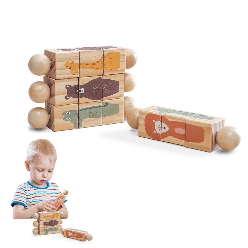 Baby Wooden Montessori Toys Cartoon Animal Crocodile Bear Rotate Block Rattle Puzzle Game