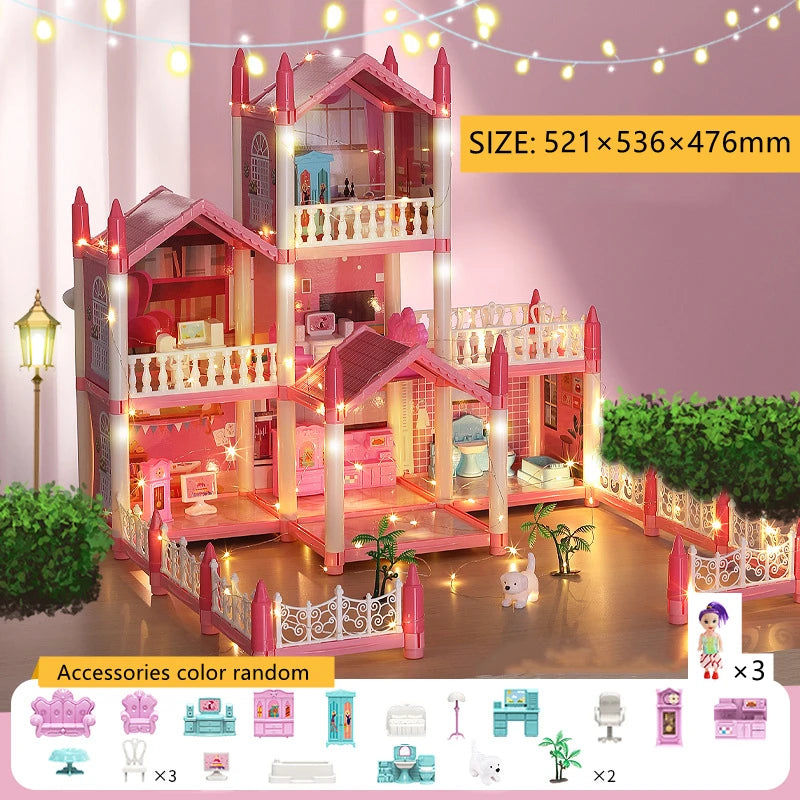 3d Assembly Diy Doll House Miniature Model Doll House Accessories Villa Princess Castle Led Lights