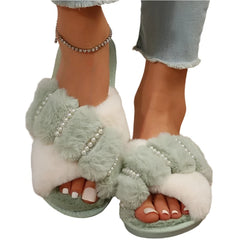 Cross Indoor Floor Slides Flat Soft Furry Ladies Female Celebrities Flip Flops