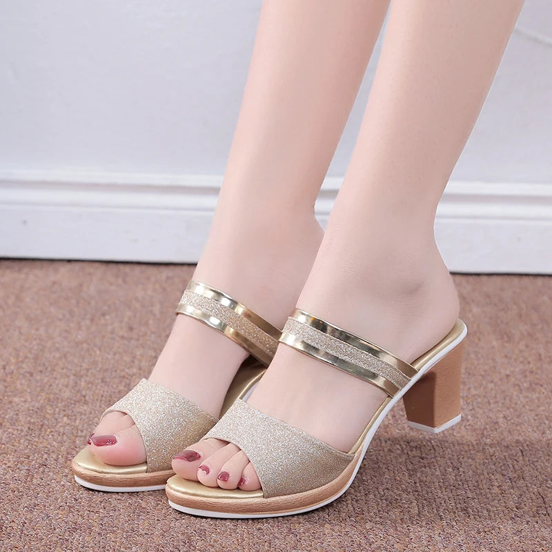 Sequin Fabric High Heels for Ladies, Open Toe, Buckle, Cool, Casual, Summer